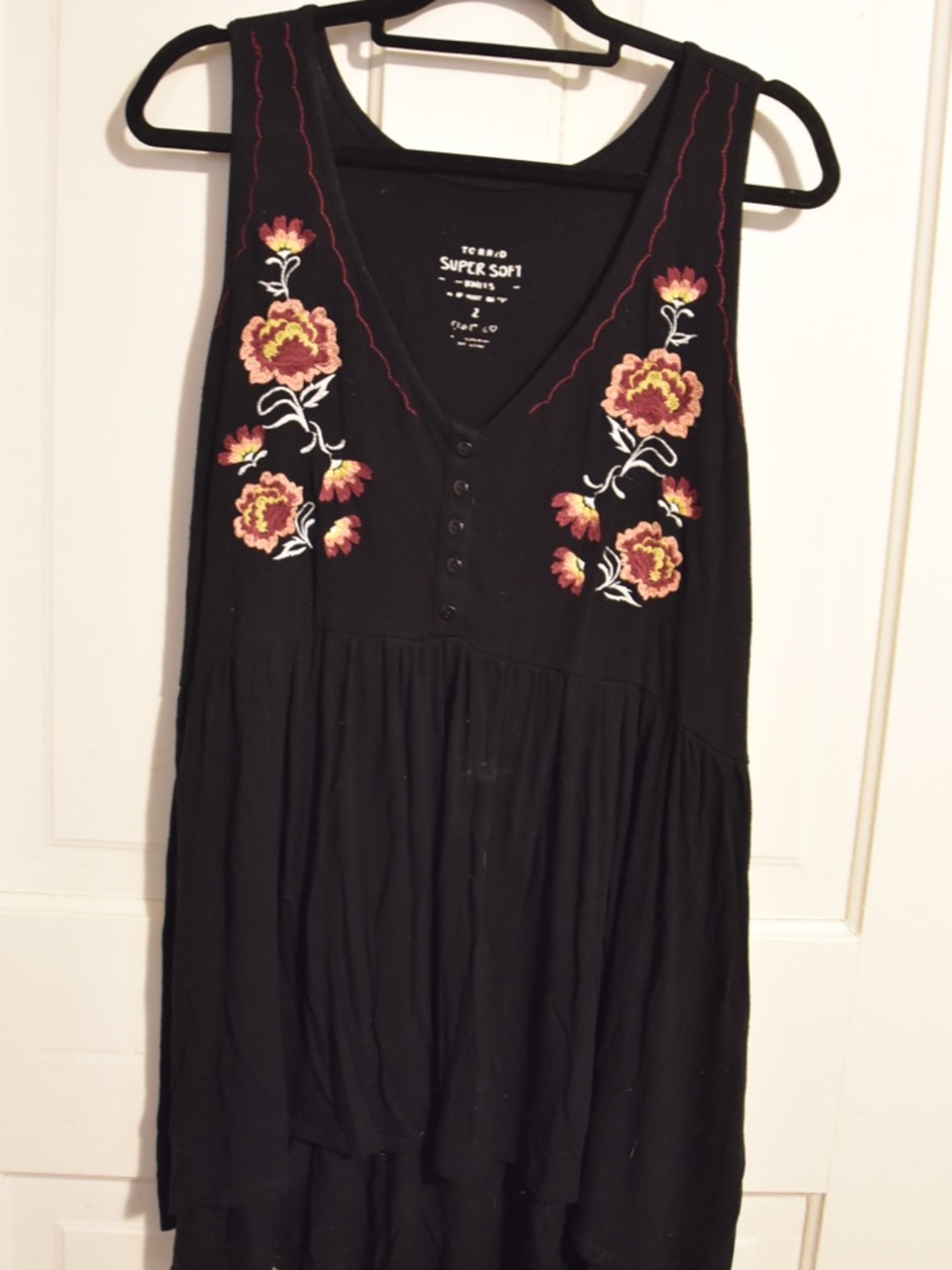 Torrid Black V-Neck Tank with Pink Floral Embroidery